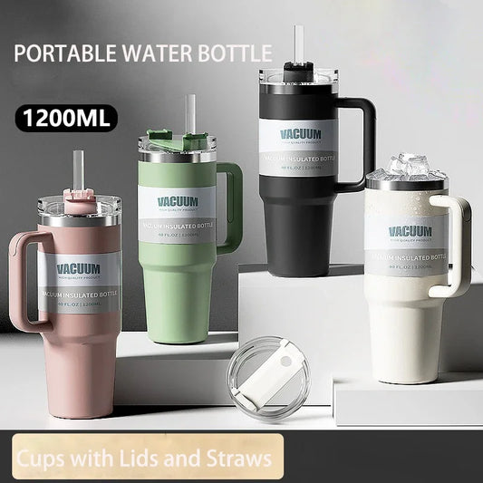 1200ML Water Bottle Home Cup Stainless Steel Coffee Cup Camping Mugs Thermos 40 Oz Straw Cup Drinkware Cups with Lids and Straws